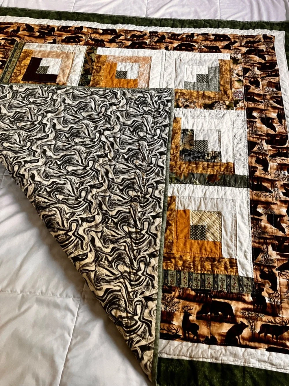 Handmade Rustic Patchwork Log Cabin Quilt Throw 45”x44”- Brown, Cream & Green